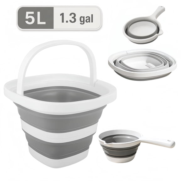 Collapsible Bucket 5L / 1.3 Gallon with Scoop, Portable Cleaning Bucket for Home & Car Wash, Foldable Car Wash Bucket, Space Saving Collapsible Beach Bucket for Camping Outdoor Use, Gray