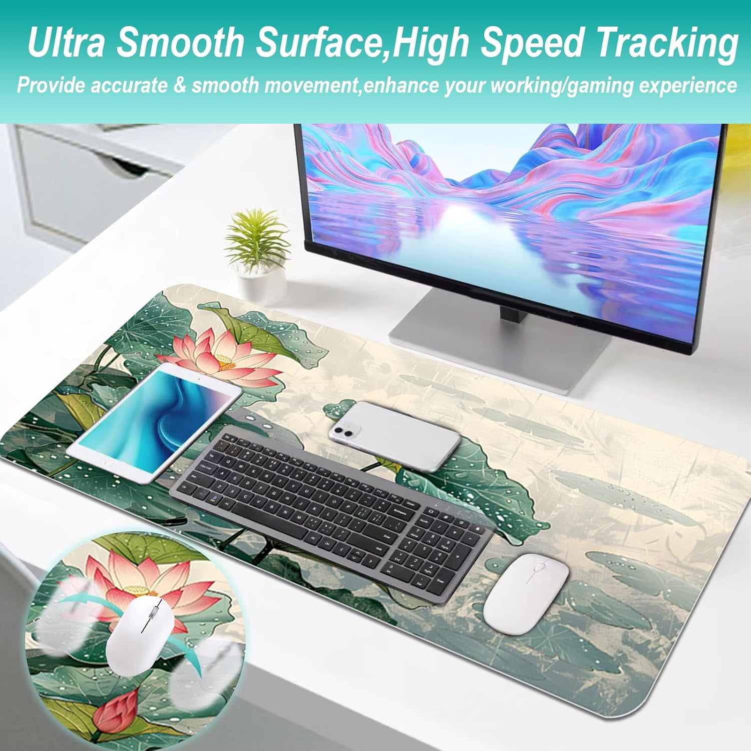 Gaming Mouse Pad 31.5x11.8 inch XL Large Extended Mouse Pad, Big Mousepad Desk Mat for Computer with Non-Slip Rubber Base and Stitched Edge-Lotus