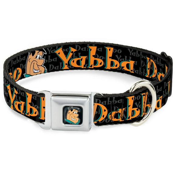 The Flintstones Pet Collar, Dog Collar Metal Seatbelt Buckle, Fred Face Pose Yabba Dabba Doo Black Gray Orange, 13 to 17 Inches 1.5 Inch Wide