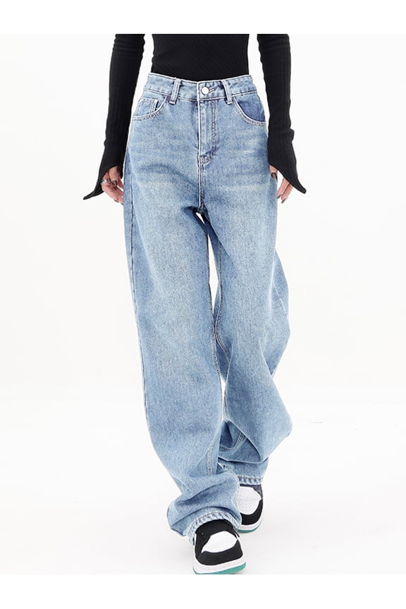 Women's Mid-Low Waist Baggy Boyfriend Jeans Vintage Wide Leg Denim Streetwear Pants