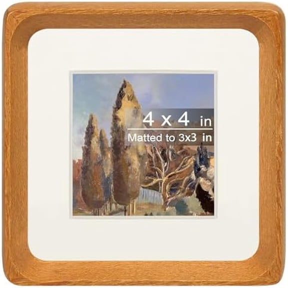 Square 4x4 Picture Frame with Mat for 3x3, Natural Teak Wood Handcrafted Rounded Corner with Real Glass, Vertical or Horizontal Display Photo Gallery Wall & Tabletop Frame