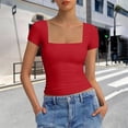 thumbnail image 4 of Htigea Women's Square Neck Crop Tops Short Sleeve Slim Fitted Summer Basic T Shirts for Going Out Red S, 4 of 7