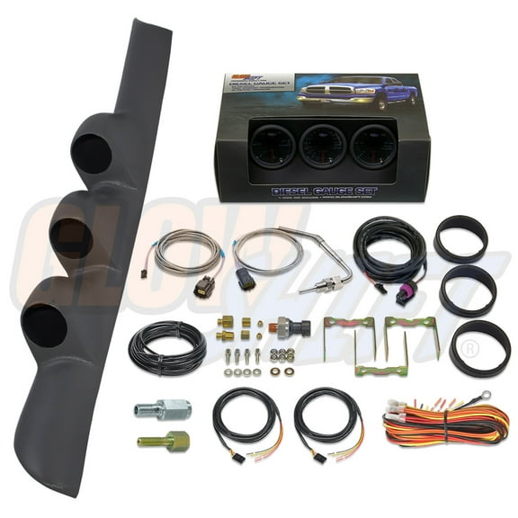 GlowShift | 2nd Gen 1998-2002 Dodge Ram 5.9 Cummins Gray Triple Pillar Pod with Tinted 7 Color Series 60 PSI Boost Gauge, 1500 Pyrometer EGT Gauge & 30 PSI Fuel Pressure Gauge