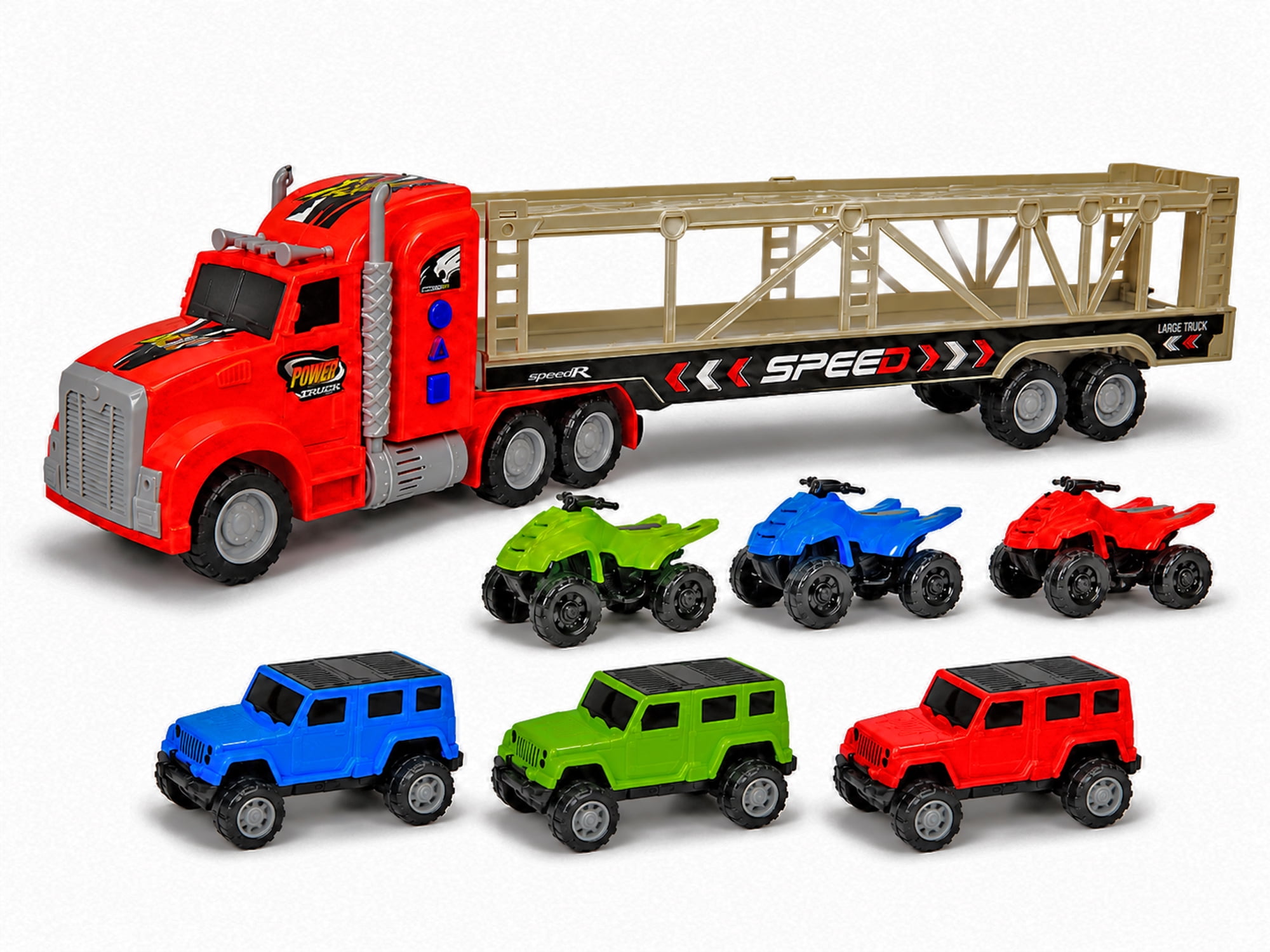 Friction Powered Toy Car Carrier Truck, 23 Inch Transport Trailer with 6 Mini Vehicles, Lights, Sounds, Opening Rear Door, Detachable Trailer