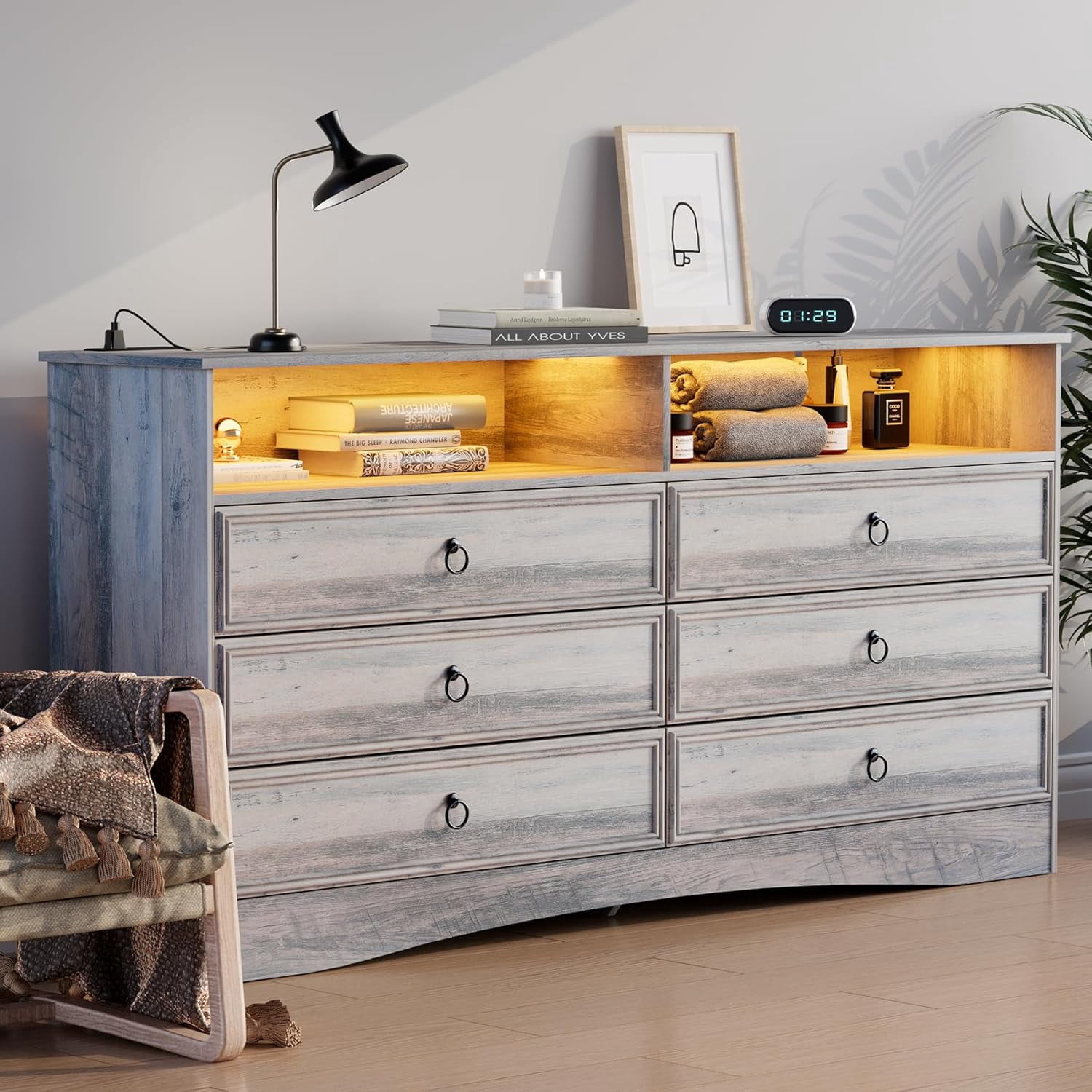VVFLU Vintage 6 Dresser for Bedroom, Farmhouse 6 Drawers Dresser with Open Shelfs and LED Lights, 47.3" Wide Wood Rustic Chest of Drawers for Living Room, Hallway, Gray