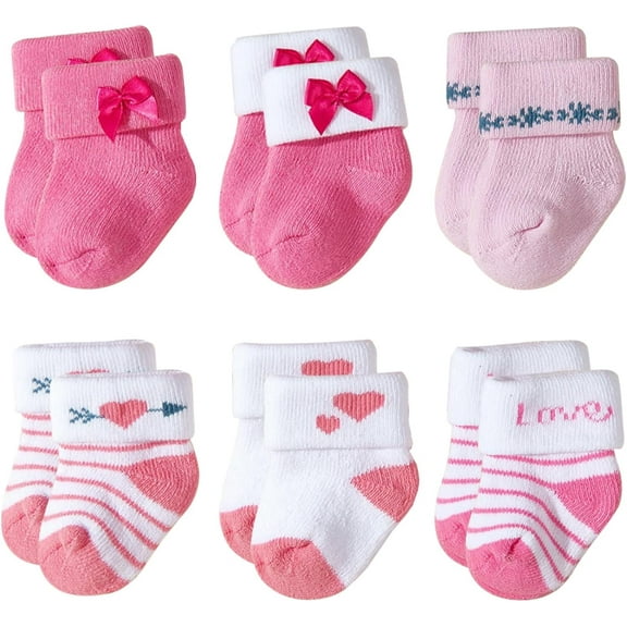 6 Pack Newborn Baby Socks Thick Turn Cuff Fun Essential Terry Cotton Rich Infant Socks for 0-12 Unisex Girls Boys