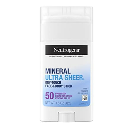 Neutrogena Ultra Sheer Dry Touch SPF 50 Mineral Sunscreen Stick for Sensitive Skin  Face & Body Sunscreen with Zinc Oxide & Vitamin E  No White Residue  Non-Comedogenic & Vegan  1.5 oz