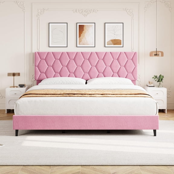 Bed Frame with Upholstered Headboard, Heavy-Duty Platform Bed Frame with Strong Wood Slats, No Box Spring Needed/Noise Free/Easy Assembly,Pink king size