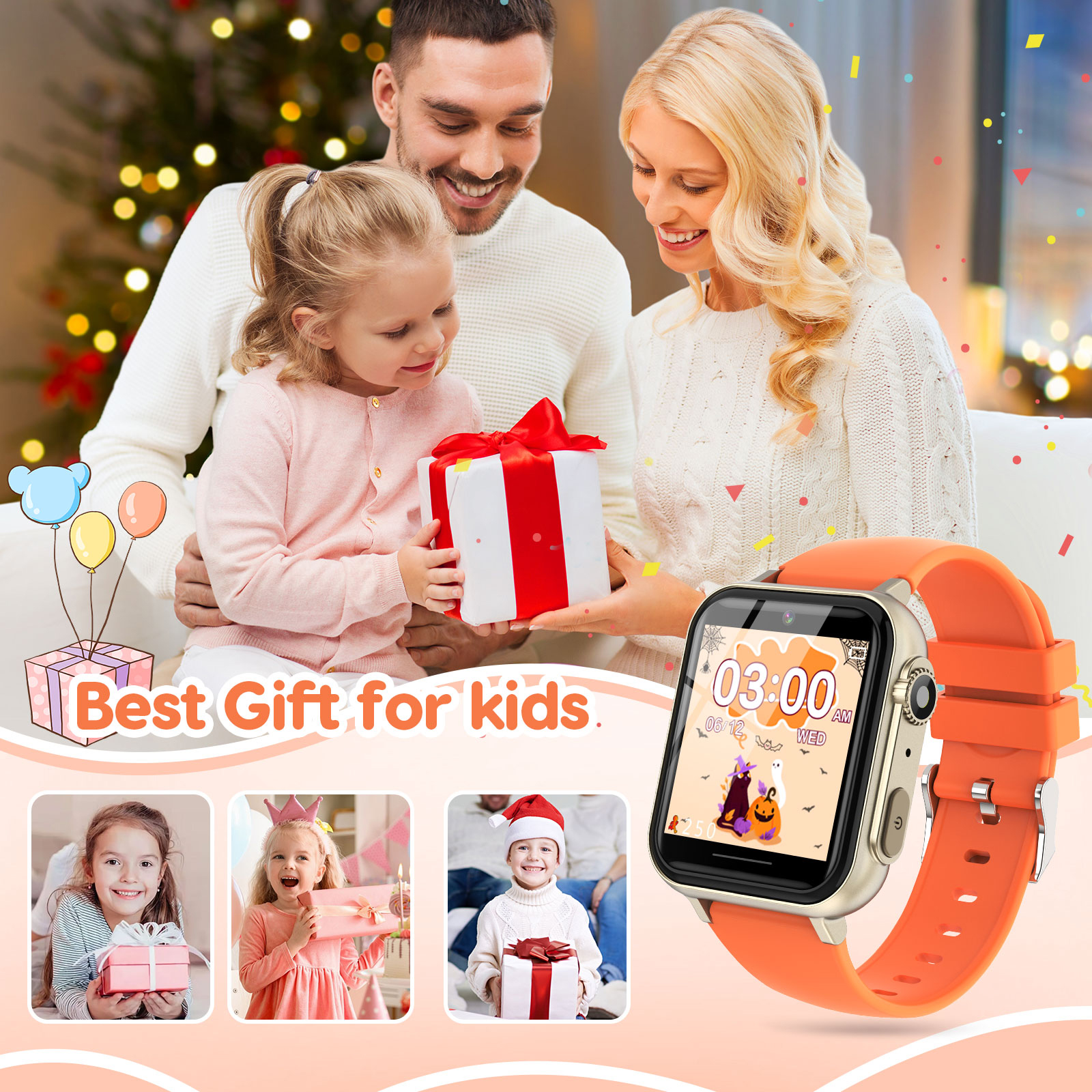 Eurhowing Kids Smart Watch Age 3-12, 31 Games, Learning Cards, HD Touch Screen, Camera, Music, Audiobook, Pedometer, Fun & Educational Birthday Gift Idea, Orange