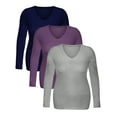 thumbnail image 3 of Essential Basic Women's Junior Size Vneck Tshirt Long Sleeve Shirt, 3Pk Navy Violet Hgray, Medium, 3 of 4