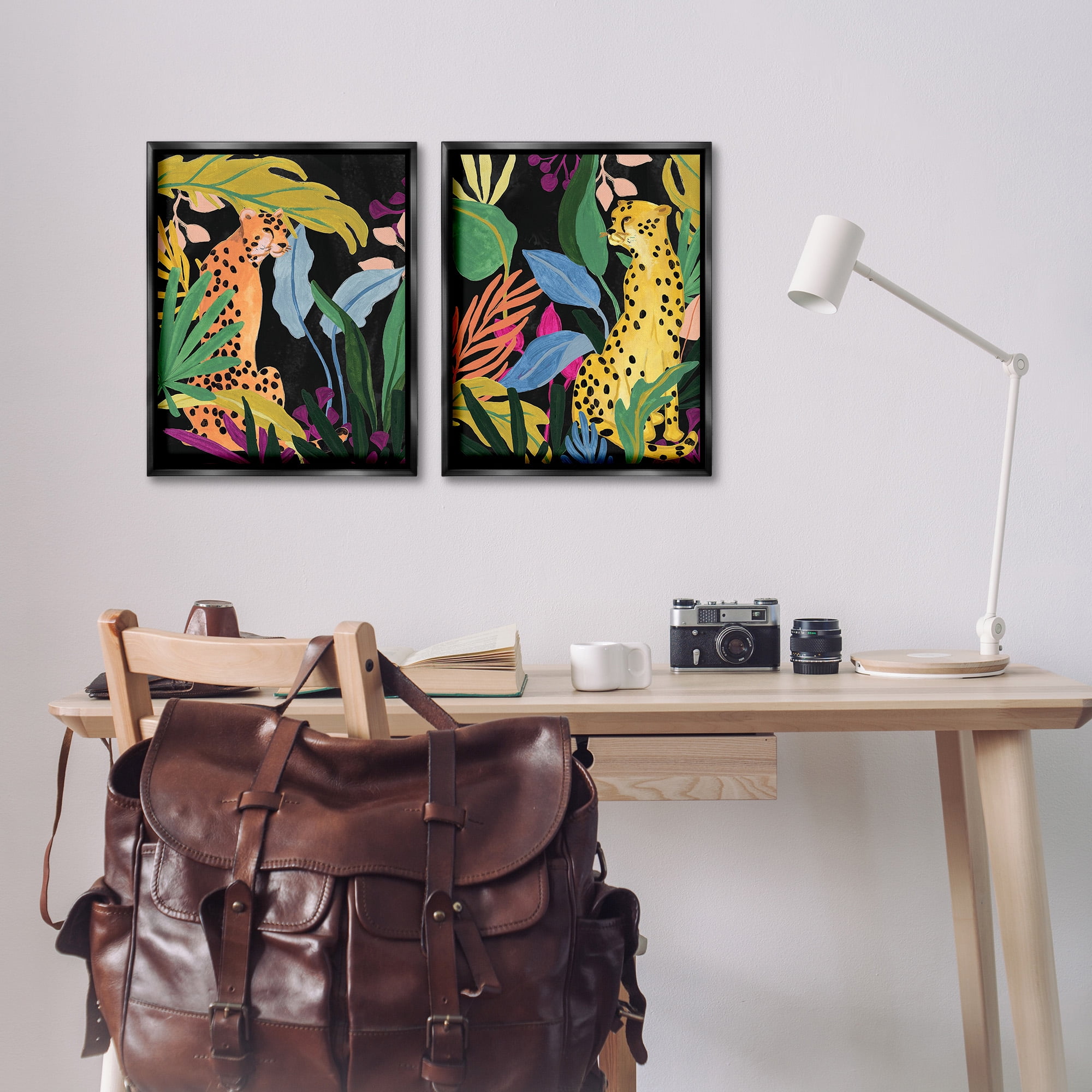 Stupell Industries Leopards & Tropical Leaves Animals & Insects Painting Black Floater Framed Canvas Art Print Wall Art, 17 x 21, Set of 2