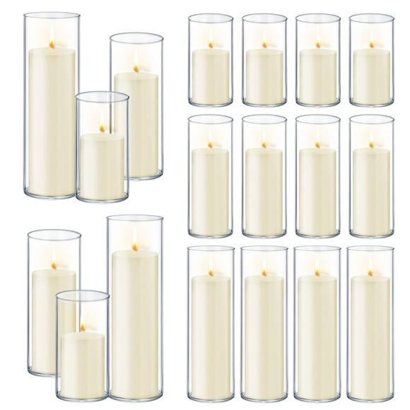 Set de velas Pillar con soportes de cristal, color blanco marfil (36 piezas)