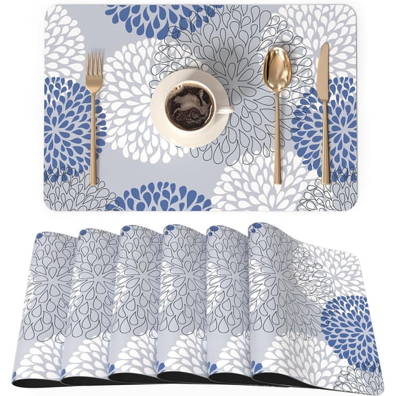 Blue Floral Faux Leather Placemats Set of 4, 12 x 18 Inch PU Table Mats for Kitchen Dining Table, Party and Holiday Decor