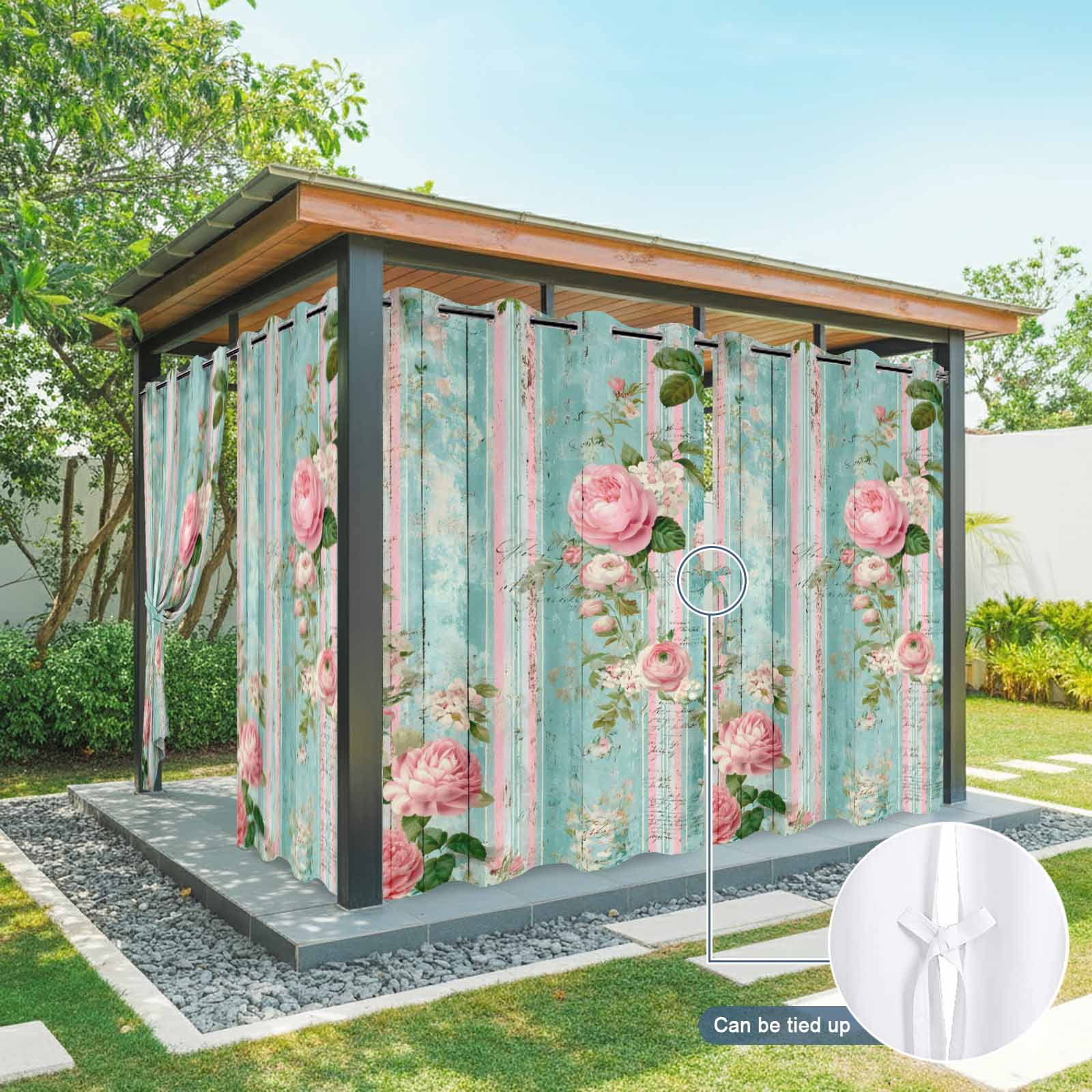 Rustic Pink Roses Outdoor Curtains for Patio, Botanical Leaves Wood Grain Vintage Sunshade Privacy Drapes Grommet Waterproof Outside Curtains for Porch/Cabana/Balcony 54"x 108", 1 Panel
