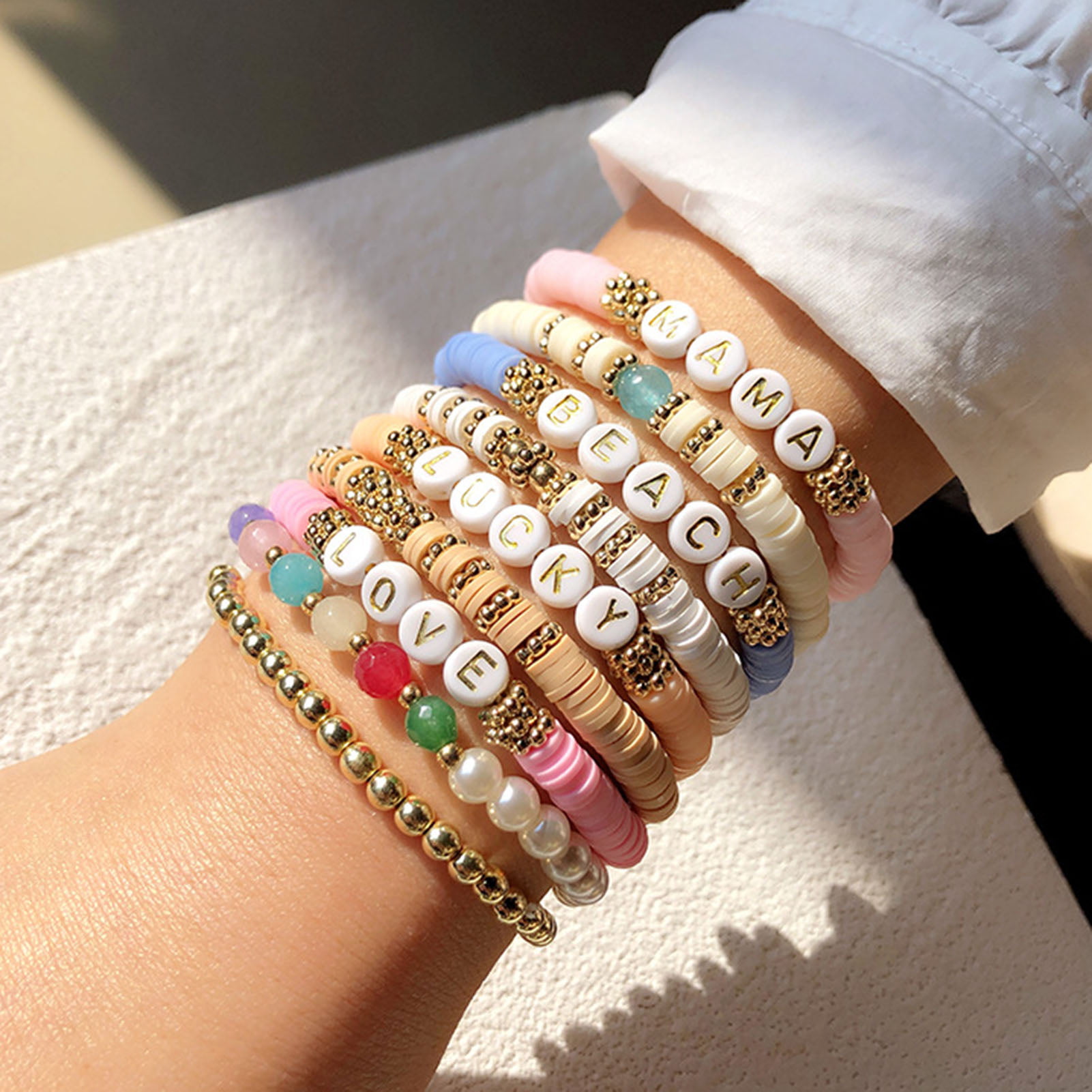 5Pcs/Set Lover Elastic Bracelet Letter Print Polymer Clay Beads Bracelet  Summer Beach Bohemian Layering – the best products in the Joom Geek online  store