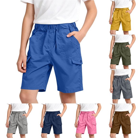 Rggeeun Boys Toddler Shorts Cargo Flap Pockets With Snap Closure Elastic Waist Solid Color Knee Length For Summer Everyday Use Versatile Bottoms,Blue,8-9 Years