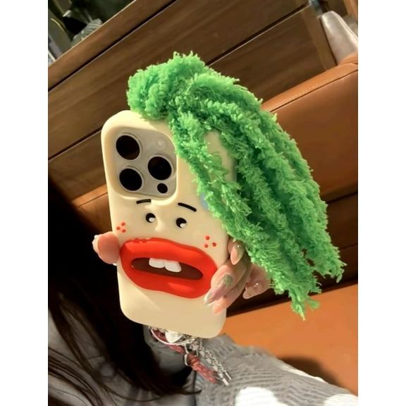 Funny Phone Case for iPhone 14 Pro Max, Cute 3D Sweating Emoticon Green Braids Hair Ugly Phone Case Protective Soft Silicone iPhone Case for Women Girls