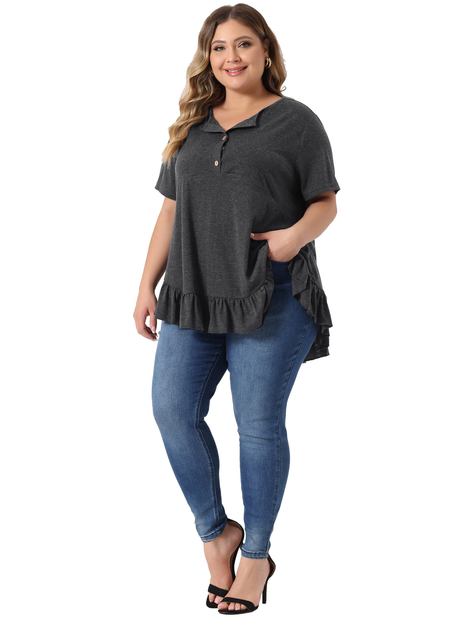 Women's Plus T Shirts Henley V Neck Button Up Short Sleeve Ruffled Hem Blouses Tops 4X Dark Gray