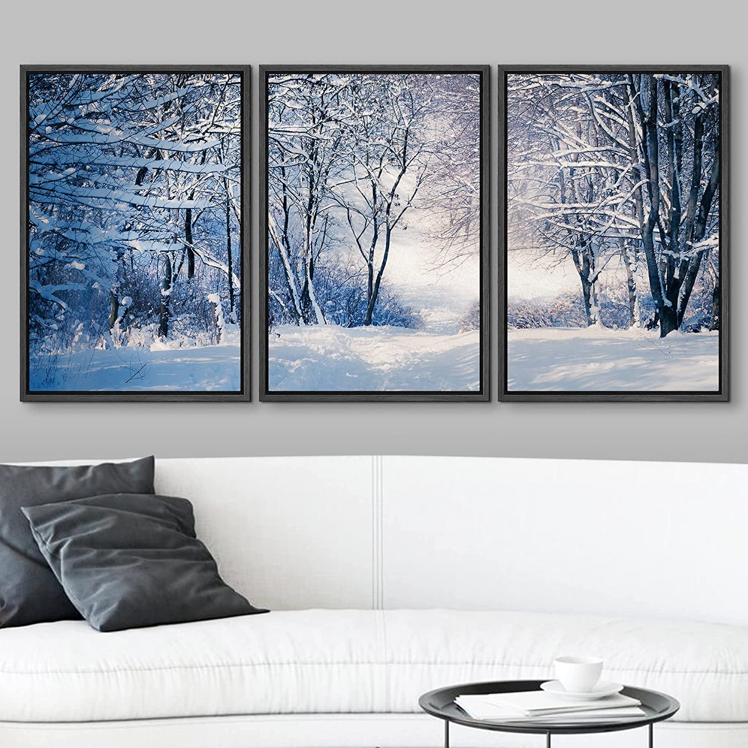 3 Panel Split Winter sunset Landscape Canvas store Print. Winter forest snow canvas for living room decor, interior design, living room wall art