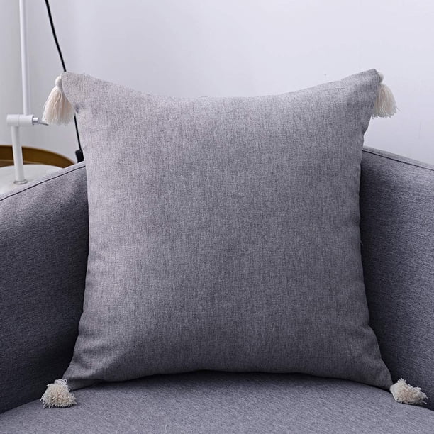 Nvzi Fundas de almohada de lino y algodón de estilo rústico con borlas, decorativas, cuadradas, para sofá, dormitorio, coche (gris 02, 18 x 18 pulgadas)