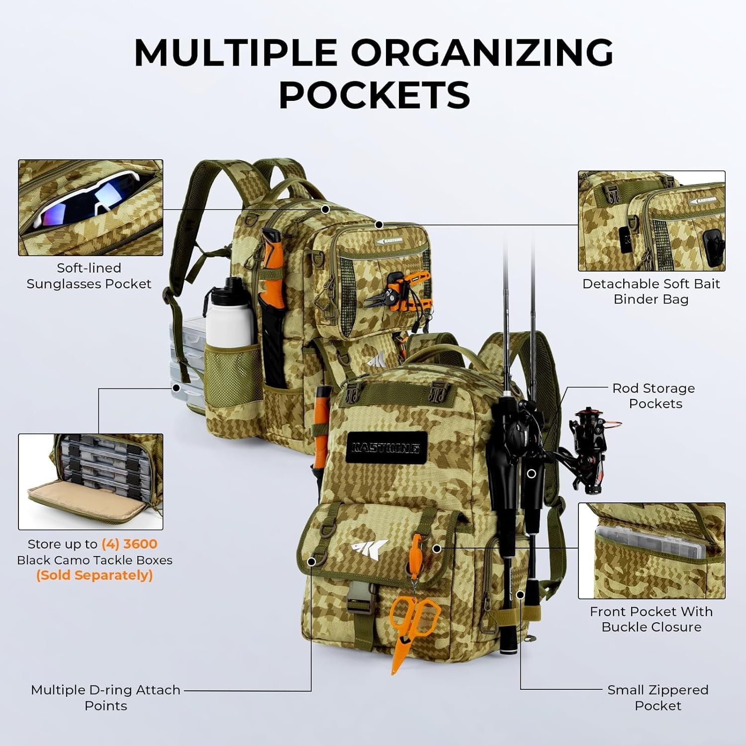 KastKing Fishing Tackle Backpack with Removable Bait Binder Rod Holders Storage Fishing Gear- BaitSpace-50L