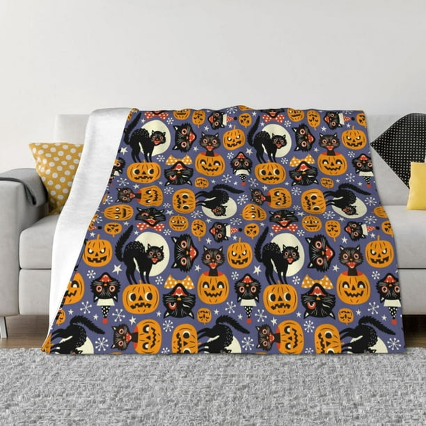 Fotbe Spooky Cats And Halloween Pumpkins Manta de Franela con Estampado, Manta Ultrasuave para Cama, Sofá, Auto, Hipoalergénica y Antibolitas-60"x50"