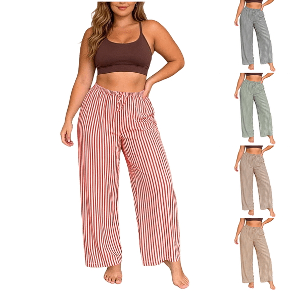 Asxite Plus Size Womens Pajamas Pants High Waist Striped Seersucker Wide Leg Loose Sleepwear