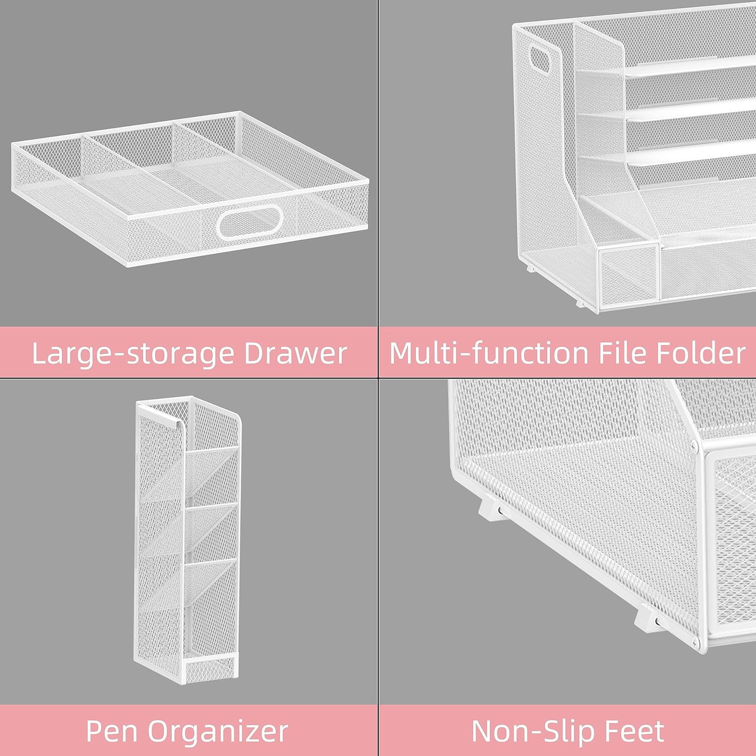 INTIGE Metal 5-Tier Desk Organizer with File Holder, Pen Holder and Drawer, File Paper Organizer,  White