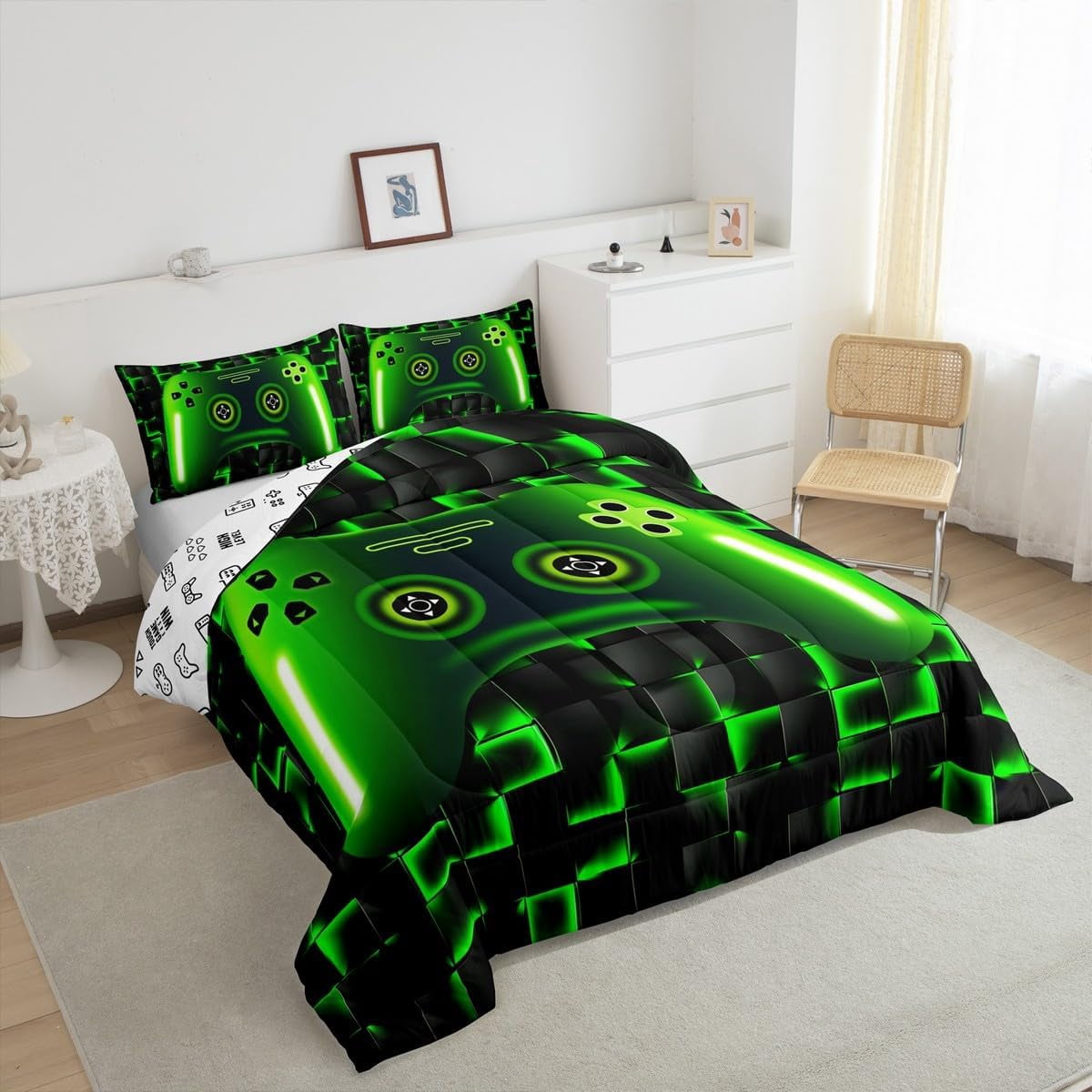 yst Full Size Game Console Comforter Set Gamer Bedding,3D Gaming Geometric Check Lightweight Soft Bedding Sets,Neon Green Gamepad Bed Comforter,Black