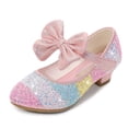 thumbnail image 2 of Xfvqtps Kids Girls Dress Shoes Chunky Low Heels Hook and Loop Sequins Bow Color Block Colorful Glitter Sparkling Ballet Performance Casual Wedding Party Mary Jane Princess Shoes Pink, 2 of 9