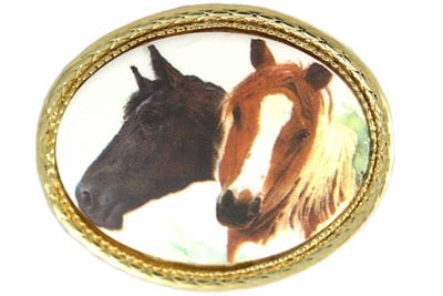 Brown & Black Horse Gold Tone Oval Pin by