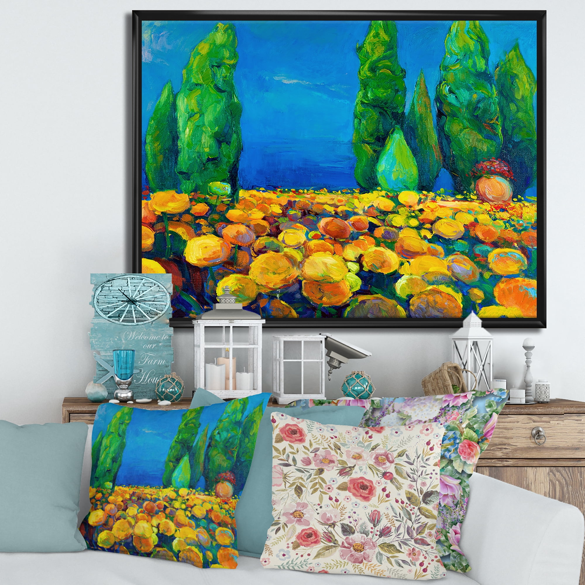Yellow Blossoming Flowers Landscape With Green Trees 32 in x 16 in Framed Painting Canvas Art Print, by Designart