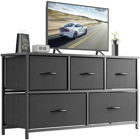 JONPONY 5 Drawer Dresser, Modern Fabric Storage with Wood Top, Wide Chest of dressers for bedroom, Living Room, Sturdy Steel Frame, Hallway, Perfect for Closets and Storage, Black