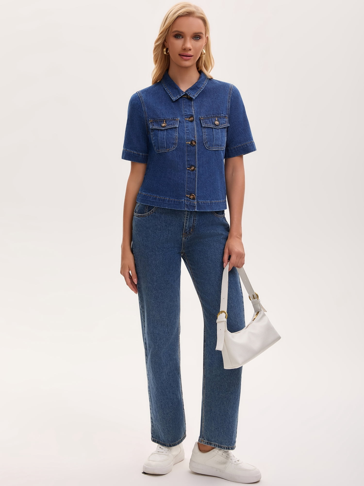 DARING DIVA Women's Button Down Casual Short Sleeve Denim Shirt With Pockets S Dark Blue