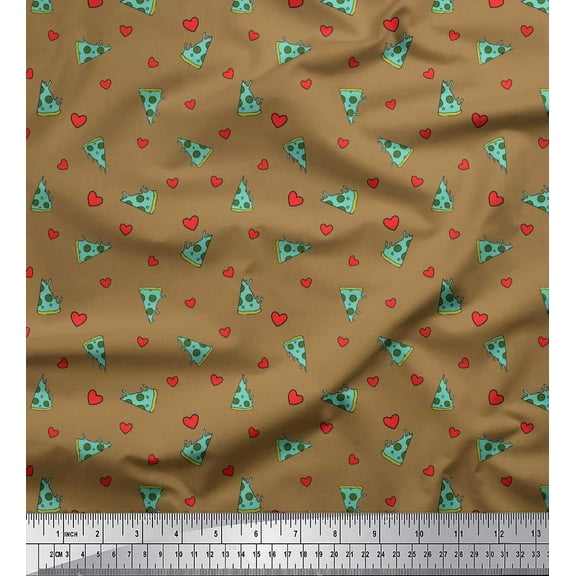 Soimoi Crepe Silk Fabric Heart & Pizza Slice Food Print Fabric by Yard 42 Inch Wide