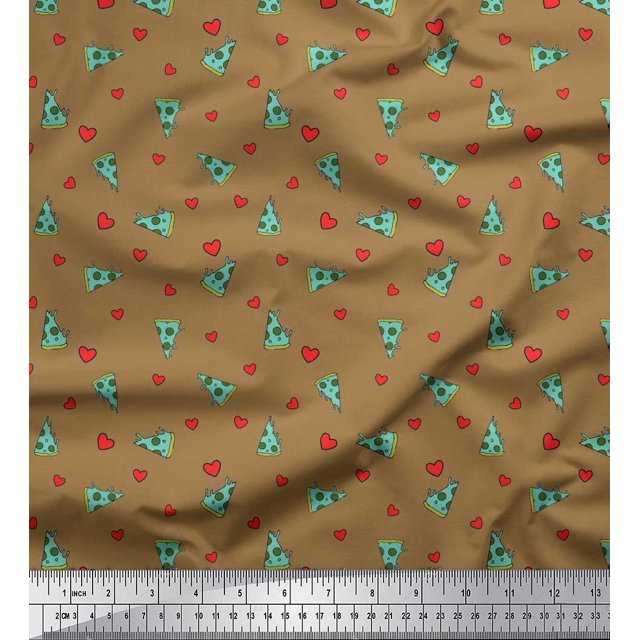 Soimoi Rayon Fabric Heart & Pizza Slice Food Print Fabric by The Yard 56 Inch Wide