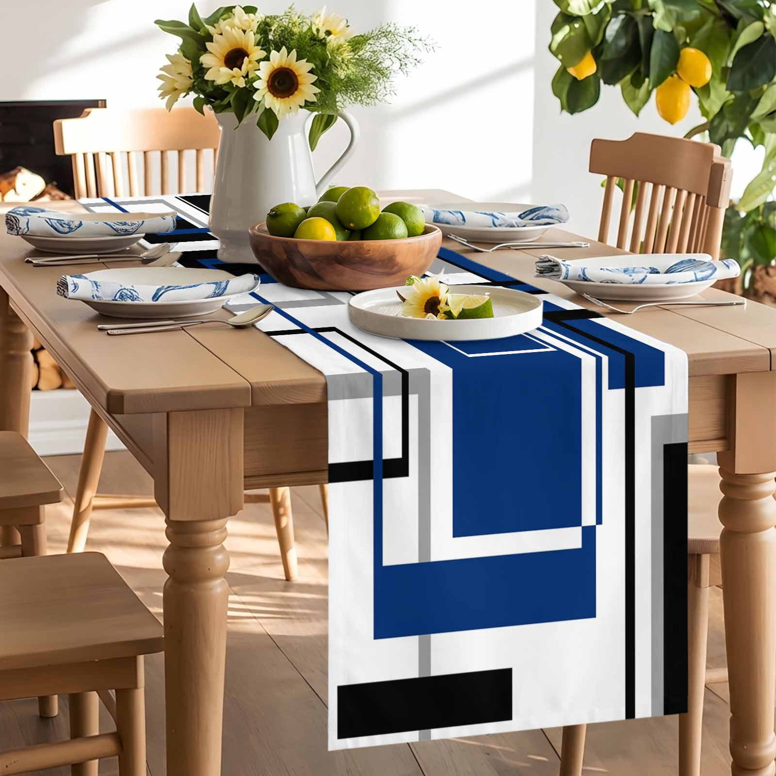Abstract Geometric Navy Blue Color Block Table Runner 90 Inches Long, Gray Stripe Modern Art Table Runners Tabletop Scarf Kitchen Dining Tables Decoration for Home Party Indoor Outdoor