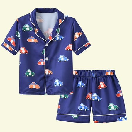 

Clearance! SDJMa Little Baby Girls Boys Pajamas Set Satin Silk Kids Short Sleeves Cartoon Print Sleepwear 2 Piece Button Pajamas Set