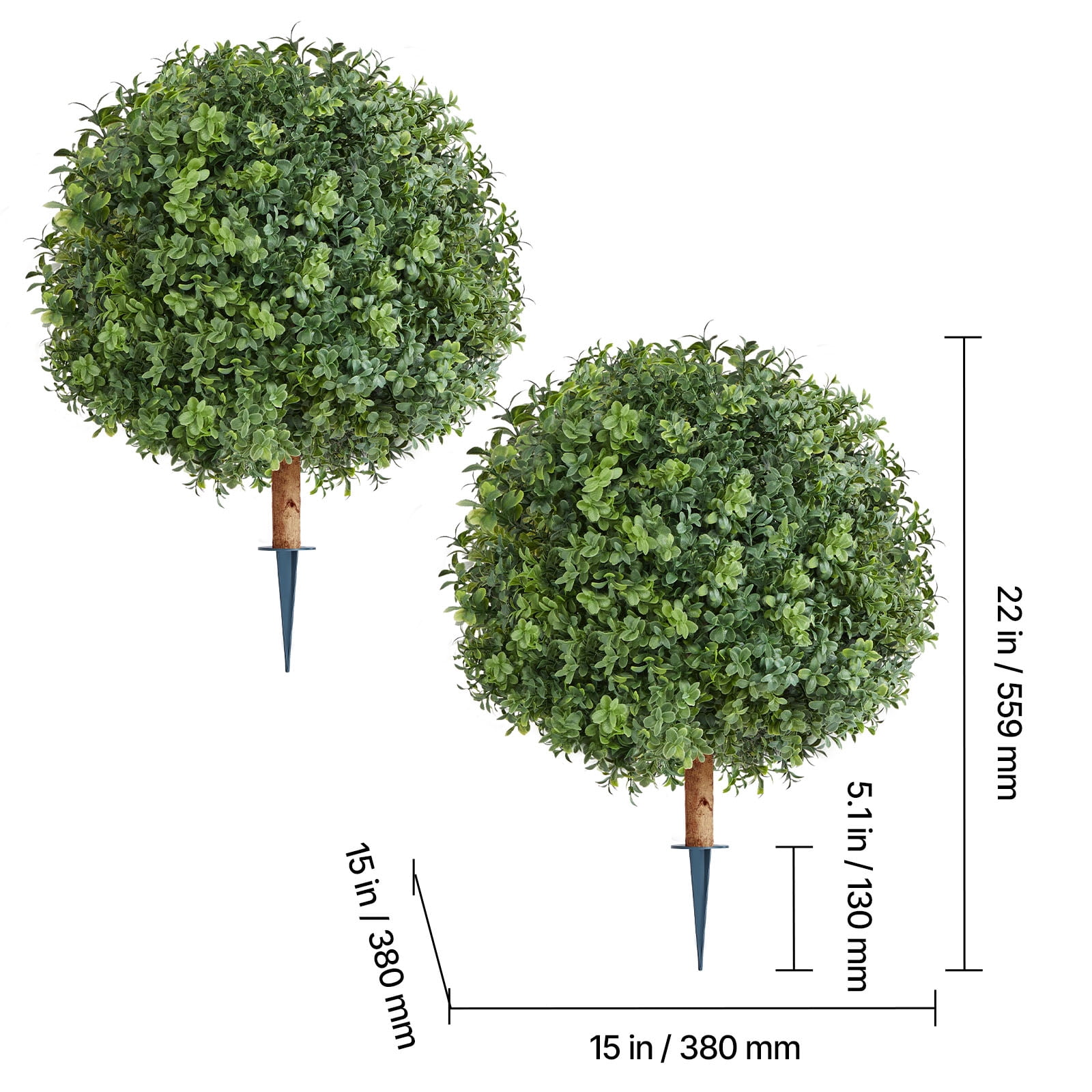 VEVOR Artificial Topiary Boxwood Trees with Ground Spike, 22 inch 2 Set Faux Shrubs & Bushes Potted Plants, Fake Silk Tree Look Real for Decor Front Porch Outdoor Indoor Patio Garden Balcony Backyard