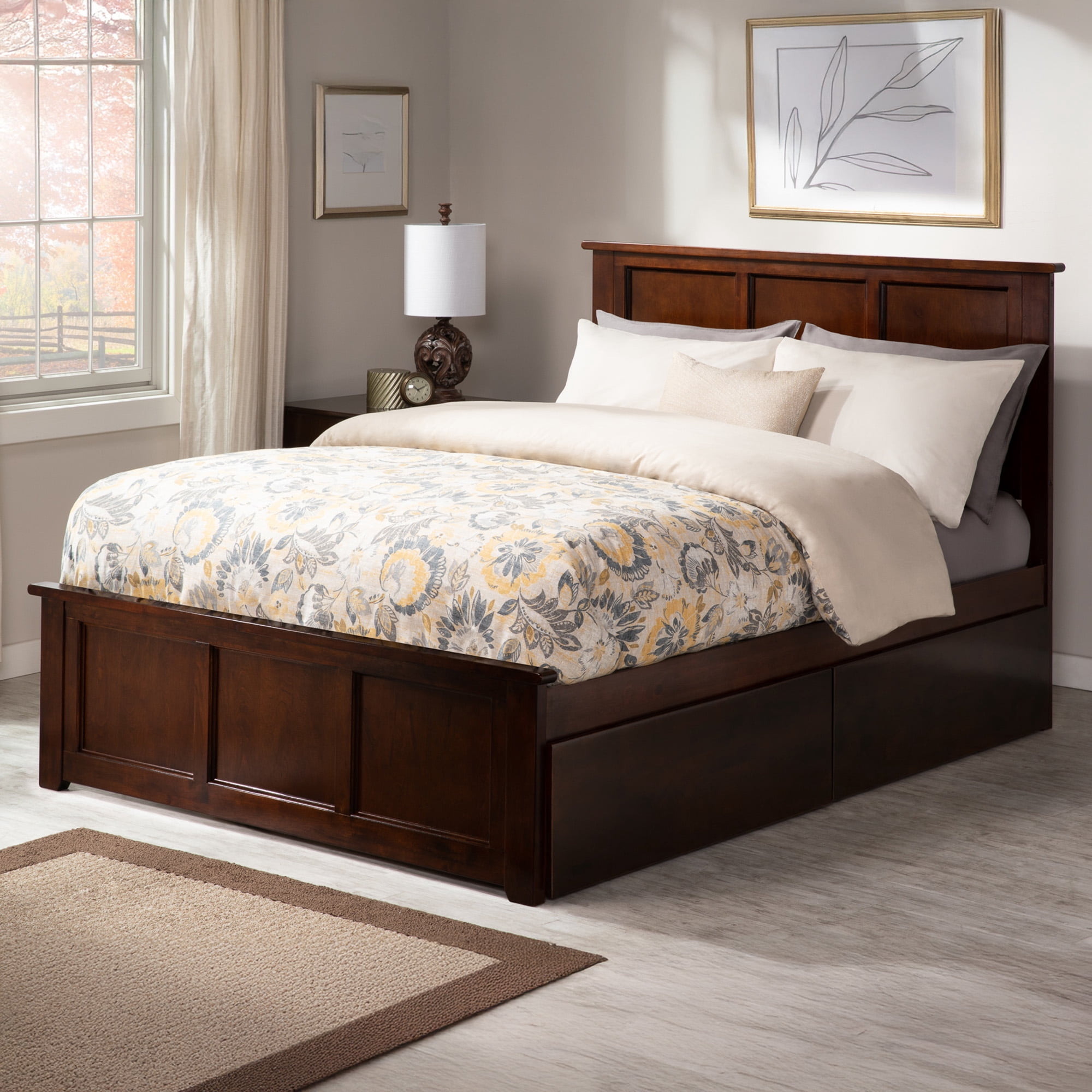 AFI Madison Full Wood Platform Bed with Matching Footboard & Storage Drawers, Walnut