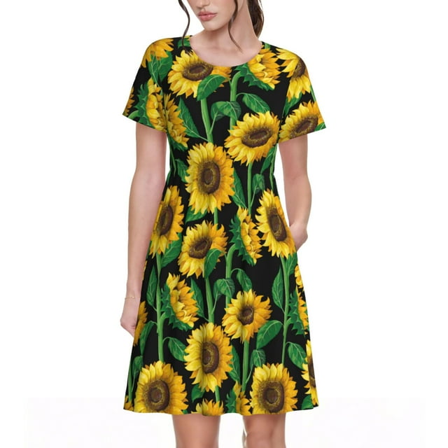 Sikiie Robe à Manches Courtes Imprimée Tournesol pour Femmes, Col Rond Robe Slim Longueur Genou, Vêtements d'Été Adaptés pour Loisirs Quotidiens et Vacances