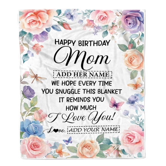 Happy Birthday Mom From Daughter Son Blanket Butterfly Flower Present Birthday Mom Mother Fleece Blanket, 30x40in Fleece Blanket