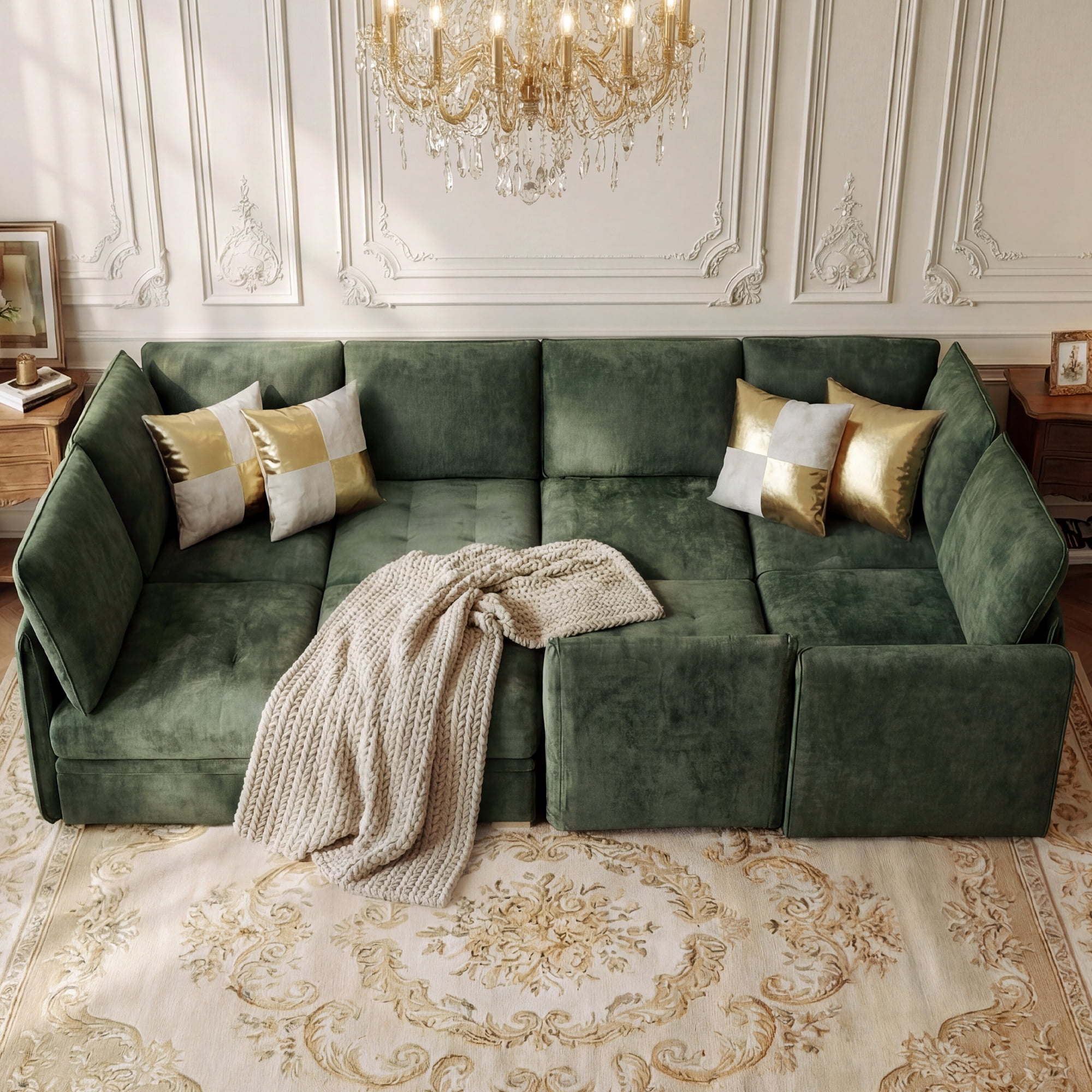 Advwin 126" U-Shaped Oversized Modular Sectional Sofa with Ottoman, Storage Under Each Seat & Gold Metal Accents, 7-Seater Modern Luxury Chenille Convertible Cloud Couch for Living Room, Dark Green