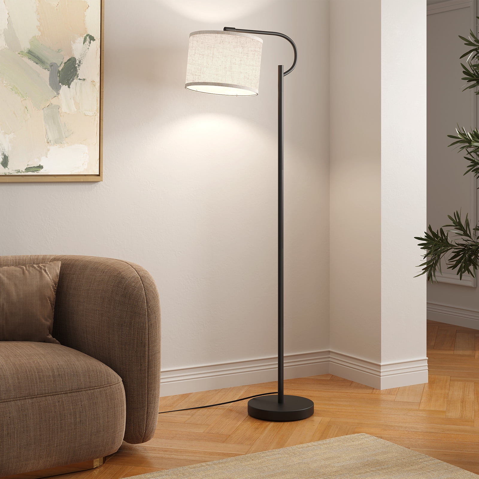SUNMORY 63" Arc Floor Lamp for Living Room, Dimming Standing Lamp with Linen Shade, Tall lamp with 3 Color Temperature LED, Metal Modern Floor Lamps for Bedroom, Office, Bulb Included, Black