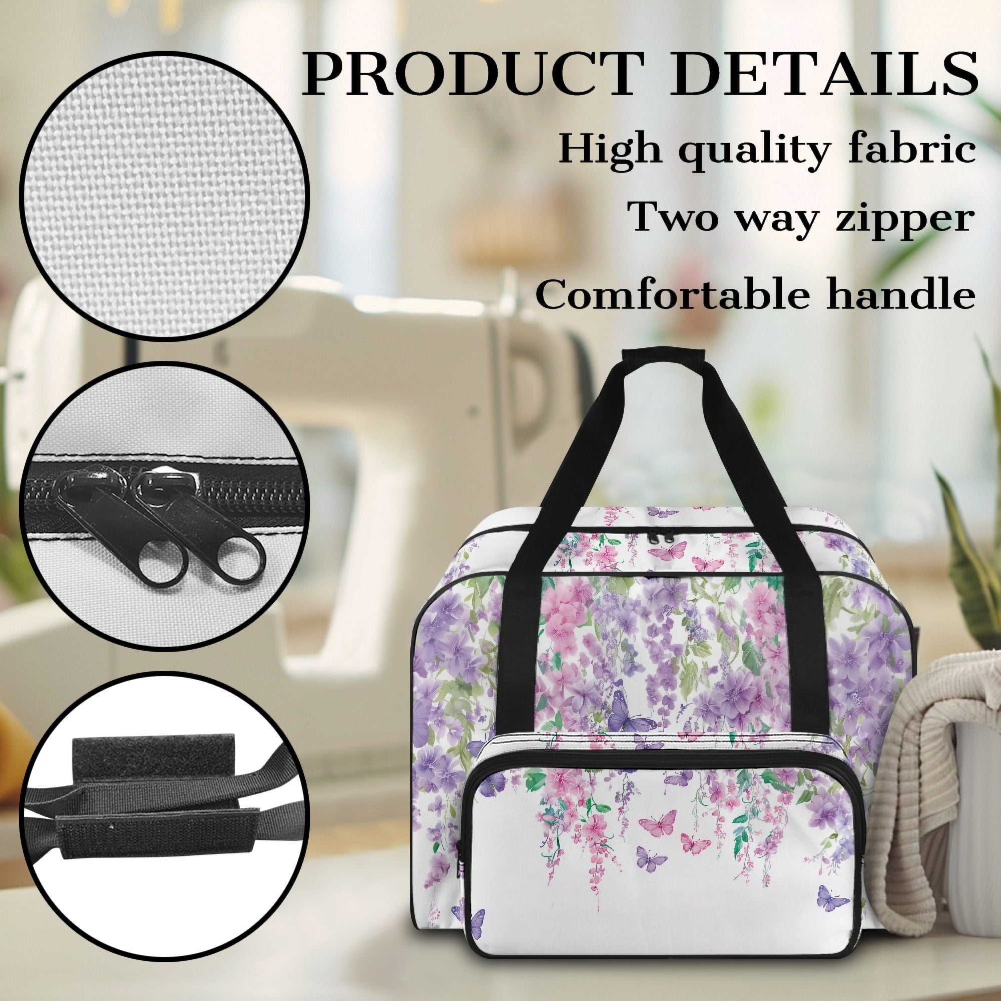 ZIATUBLE Butterfly Sewing Machine Travel Case Floral Carrying Travel Storage Universal Organizer Bag with Zipper Sewing Machine Accessory Organizer Fits Most Sewing Machines