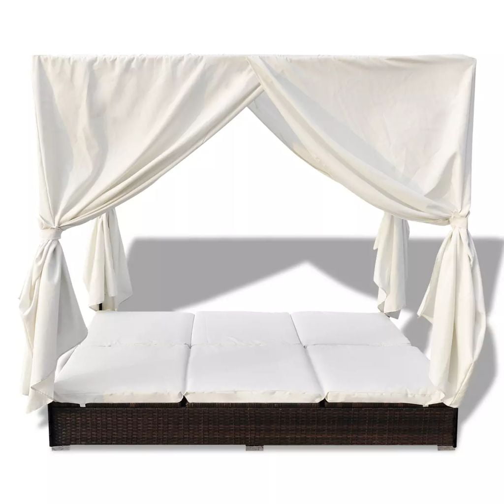 Kepooman Lounge Bed with Curtains and Washable Cushions for Garden Patio, Brown Kepooman Lounge Bed with Curtains and Washable Cushions for Garden Patio, Brown