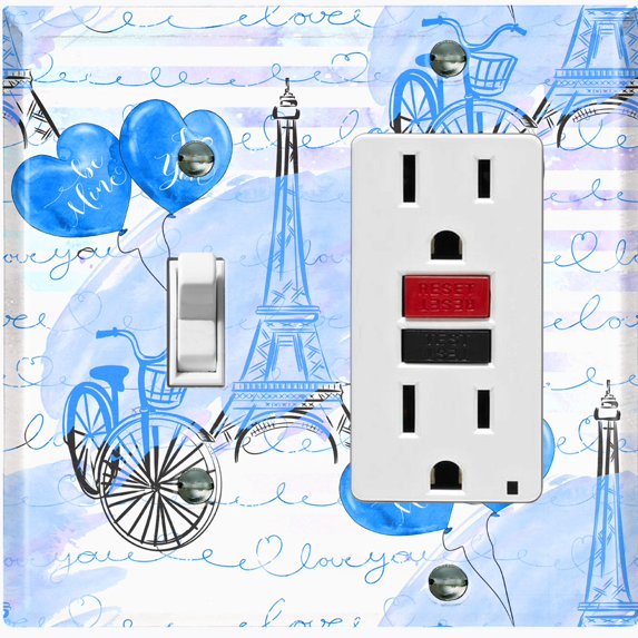 Metal Light Switch Plate Cover Romantic Paris Eiffel Tower Letter Bicycle Blue PRS012