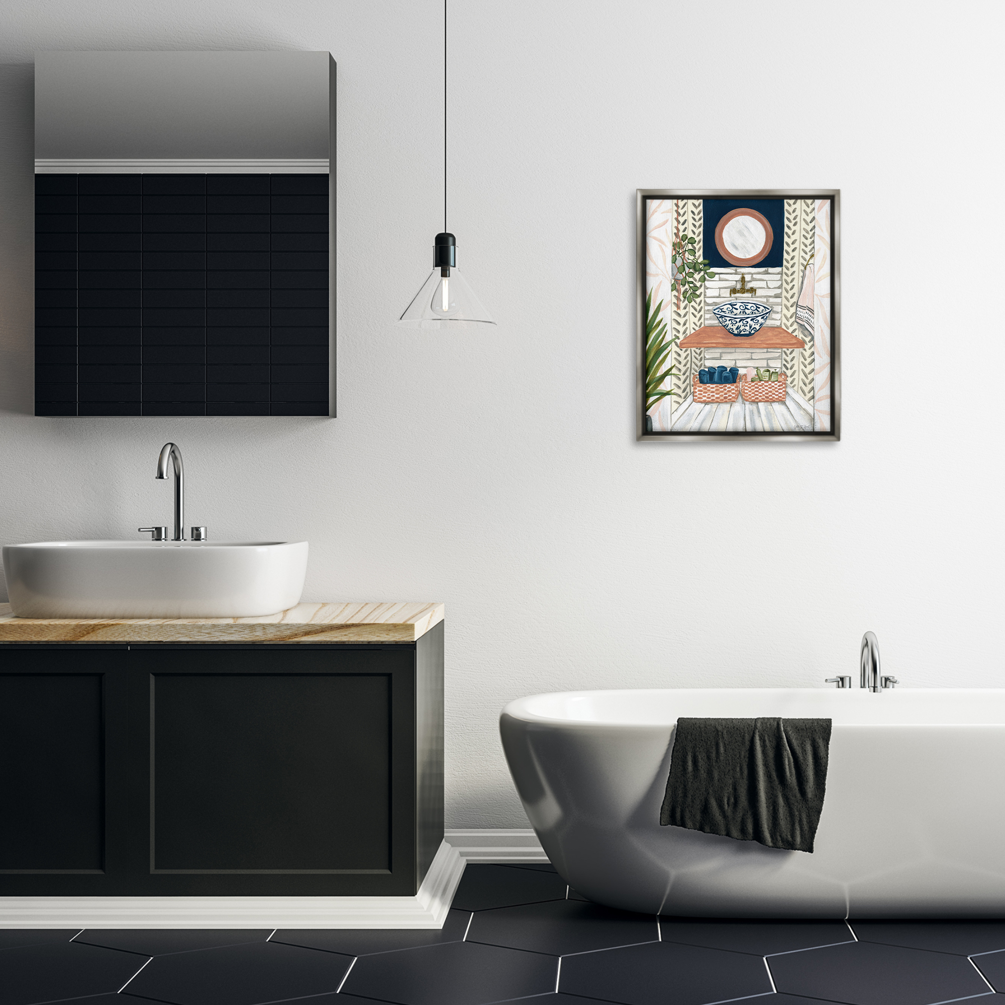 Stupell Industries Chic Bathroom Scene Typography Painting Gray Floater Framed Canvas Art Print Wall Art, 17 x 21