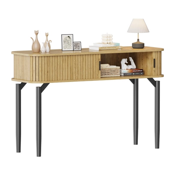 47 Inch Modern Fluted Console Table, Narrow Entryway Sofa Accent Table with Sliding Door, Drawers & Open Storage Shelves, Multifunctional Furniture for Hallway and Foyer
