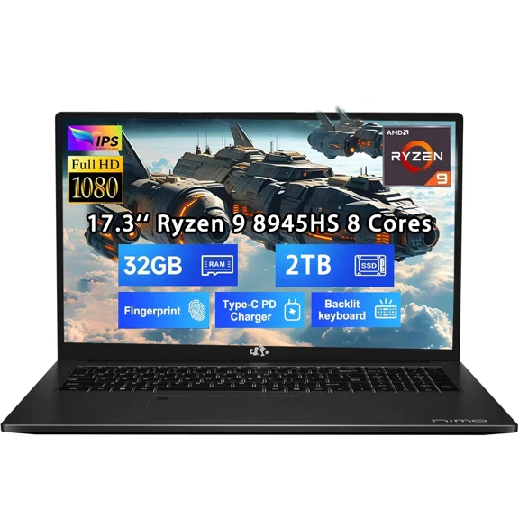 17.3 New Gaming Laptop Ryzen 9 8945HS (Beat i9-13900H, Up to 5.2GHz) 32GB RAM, 2TB SSD, Radeon 780M, PD 100W Type-C AI-Enhanced for Copilot VR Ready, Backlit Keyboard, Fingerprint, 75W Battery